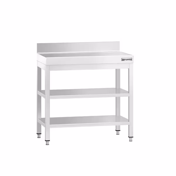 RVS werktafel PREMIUM - 700x700mm - met onderschap & opstaande rand & extra legbord & versterkt werkblad
