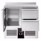 Koelwerkbank PREMIUM - 900x700mm - 1 deur - 2 lades - met spatrand - GN 1/1