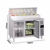 Table de préparation réfrigérée professionnelle PREMIUM - 1360x700mm - avec 2 Portes vitrées GN 1/1 - À capot inox 7x GN 1/3 - incl. Grilles de support & Rails en acier inox