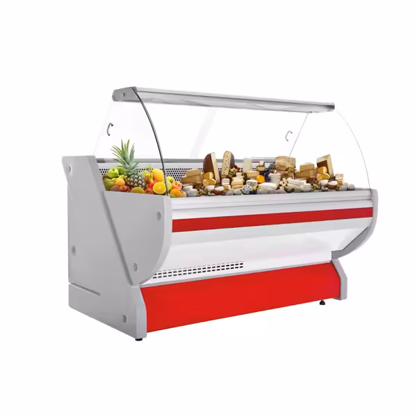 Koeltoonbank Tuva - 2025x1150mm - 400 liter - kleur rood - achterzijde 2 schuifdeuren - gebogen ruit - granit werkblad