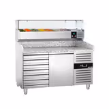 Balcão de pizza refrigerado ECO - 1500x800mm - com tampo em granito - com 1 portas e 7 gavetas 600x400mm - incl. vitrina refrigerada superior - 7x GN 1/4
