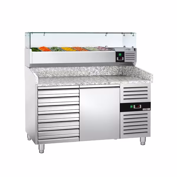 طاولة تحضير بيتزا مبردة ECO - 1500x800 mm - مع باب واحد - سطح عمل جرانيت - شامل وحدة تبريد علوية - 7x GN 1/4