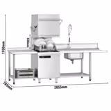 Lavastoviglie a passaggio / a capote - Digitale - 7,1 kW - incl. tavolo di alimentazione a destra, tavolo di uscita a sinistra e decalcificatore - con pompa per detersivo e pompa brillantante