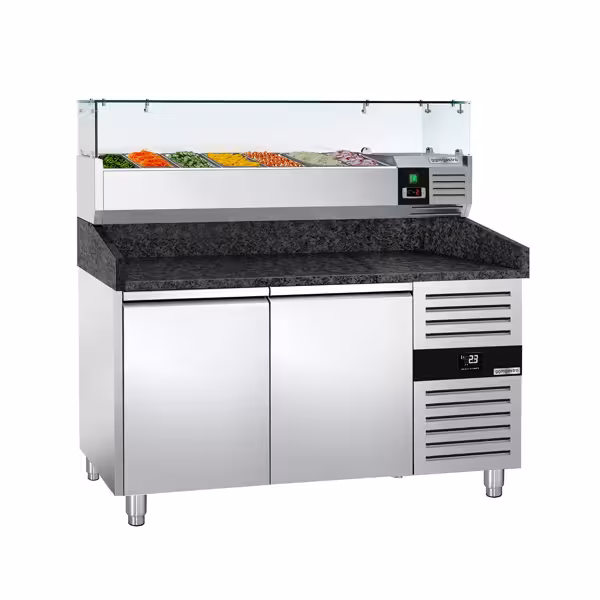 طاولة تحضير بيتزا مبردة PREMIUM - 1500x800 mm - مع بابان - سطح عمل جرانيت - شامل وحدة تبريد علوية - 6x GN 1/3