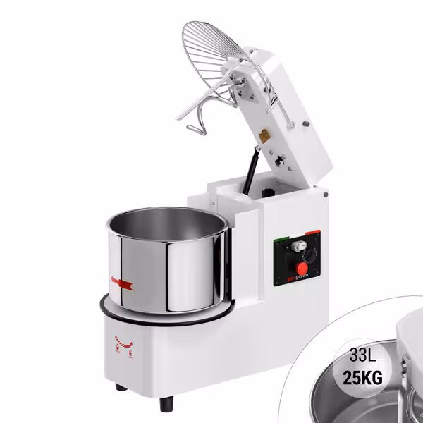 Deegkneedmachine / Spiraalkneder - 33L / 25kg deeg - 2 snelheden - kantelbare kop & uitneembare kom - met timer - 400V - voor pizzadeeg