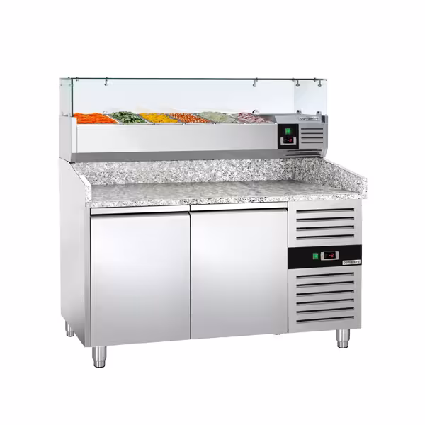 طاولة تحضير بيتزا مبردة ECO - 1500x800 mm - مع بابان - سطح عمل جرانيت - شامل وحدة تبريد علوية - 6x GN 1/3