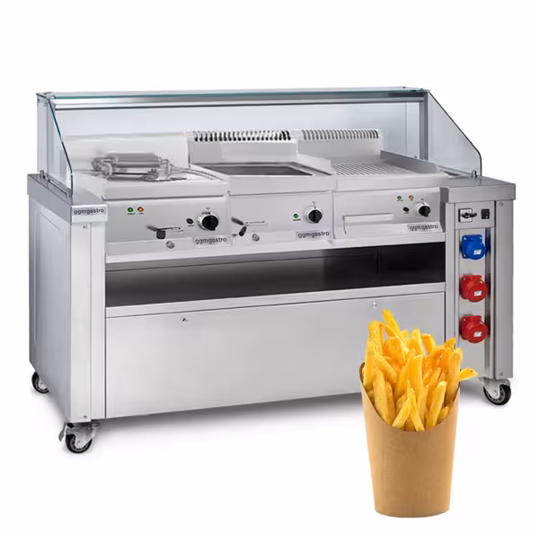 Stazione di cottura mobile - 1600x850mm - Altezza: 1170mm - incl. Friggitrice, Fry Top & Bain-marie