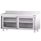 Pracovní skříňka PREMIUM z nerezové oceli - 1800x600 mm - s posuvnými skleněnými dveřmi a obkladovým panelem