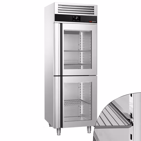 Koelkast met glasdeur RVS PREMIUM - GN 2/1 - 700mm - 700 Liter - -2°C tot +8°C - met 2 glasdeuren - geforceerde koeling & LED‑verlichting