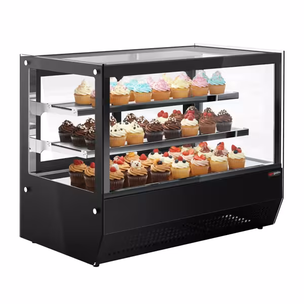 Vetrina refrigerata da banco - 120l - 700mm - Doppio vetro; 2 porte scorrevoli in vetro - vetro dritto - con 2 ripiani - 4 lati vetro; LED interni - Nero