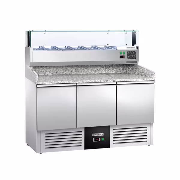 طاولة تحضير بيتزا مبردة PREMIUM - 1400x700 mm - مع 3 أبواب - سطح عمل جرانيت - شامل وحدة تبريد علوية مع إضاءة LED - 6x GN 1/4
