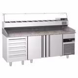 Commercial Pizza Prep Counter - Granite Top PREMIUM - 2100x800mm - with 2 doors & 5 drawers - incl. refrigerated topping unit with glass sneeze guard - 10x GN 1/3
