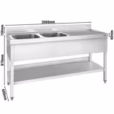 Stol za sudoper PREMIUM - 2000x600 mm - Sa donjom pločom & 2 sudopera na lijevoj strani 