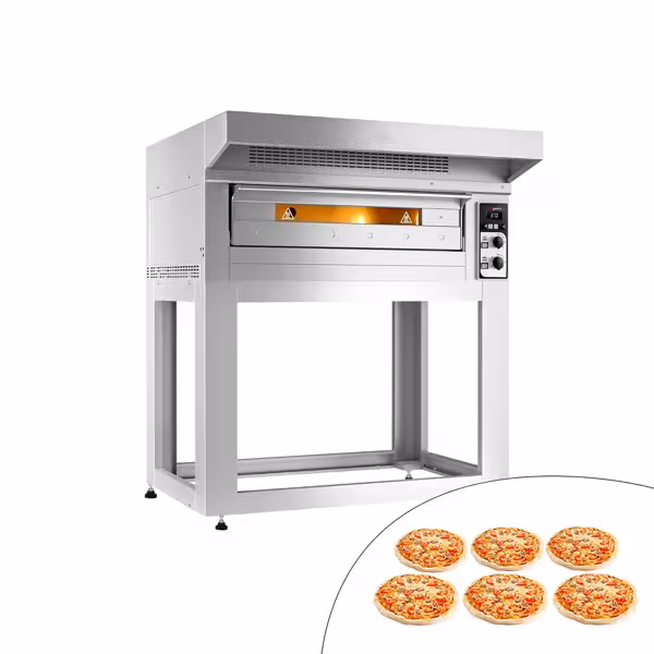 Elektrische pizzaoven (chamotte bakvloer) - 1420x1320x1910mm - 1 kamer - 1x6 pizza’s Ø33cm - tot 400°C - Handmatig - incl. afzuigkap & onderstel