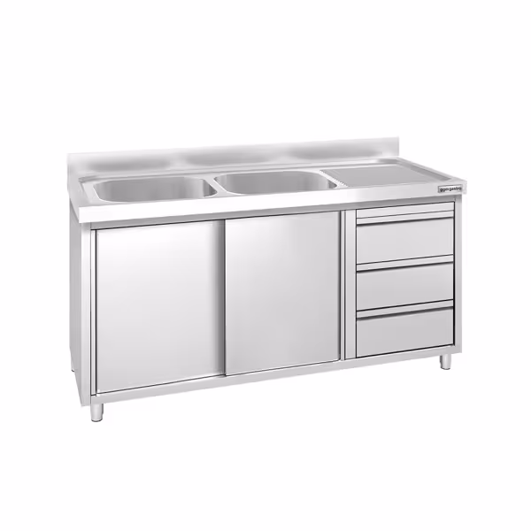 Commercial Sink Cabinet PREMIUM - 1400x600mm - 2 bowls left-hand - 3 drawers