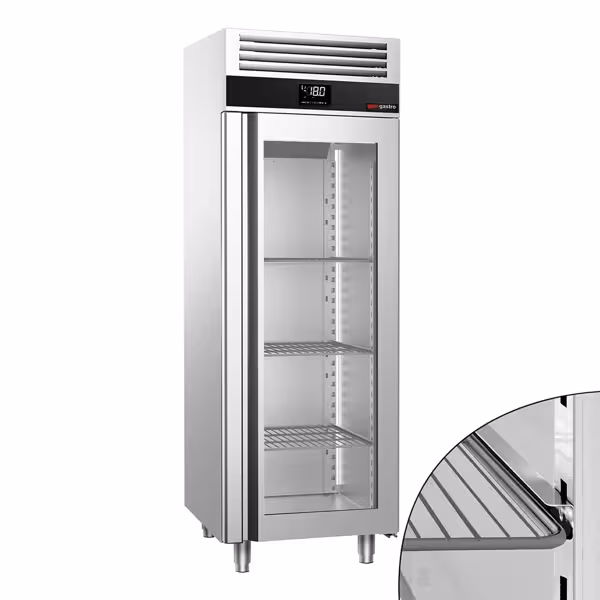 Dulap congelare inox profesional PREMIUM - GN 2/1 - 700 l - -20/-12 °C - cu 1 ușă din sticlă - răcire ventilată; agent R290; iluminare LED; dezghețare automată