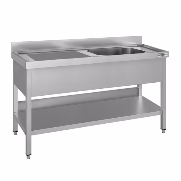 Diskbänk i rostfritt stål ECO - 1 400x600 mm - med underhylla - 1 ho höger - med stänkskydd