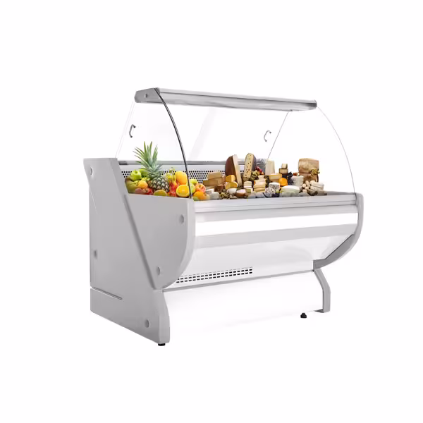 Banco gastronomia professionale / Banco Macelleria  - 990x1150mm - Statica - 250 L - Vetro curvo - Colore Bianco - piano di lavoro in granito