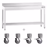 Table de travail en inox PREMIUM - 1800 x 600 mm - avec tablette inférieure, dosseret et roulettes