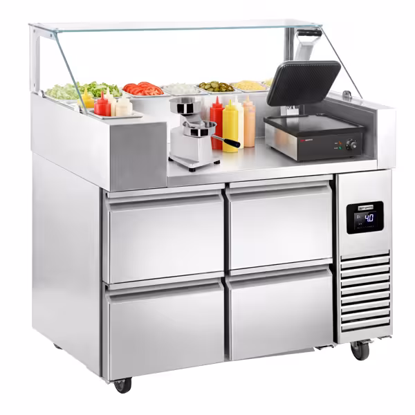 Commercial Refrigerated Prep Table  - 4 Drawers - 1210 mm - for 9× GN 1/6 - Contact grill & Hamburger Press