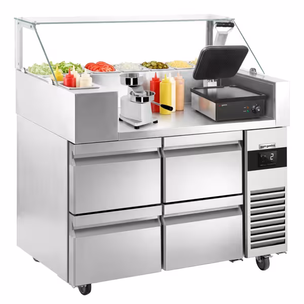 Saladette - 1210x700mm - met 4 laden - opzet 9x GN 1/6 - incl. contactgrill & hamburgermachine