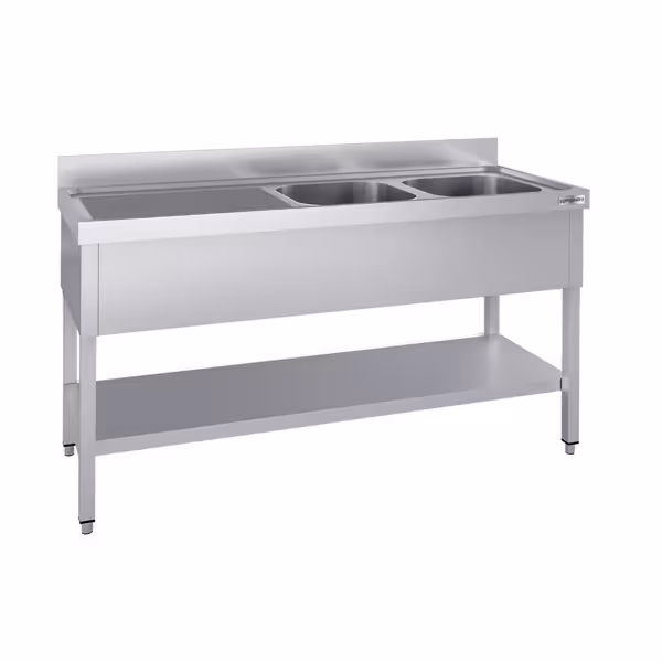 Stół zlewozmywakowy ECO - 1800x600 mm - z półką dolną i 2 zlewami po prawej stronie