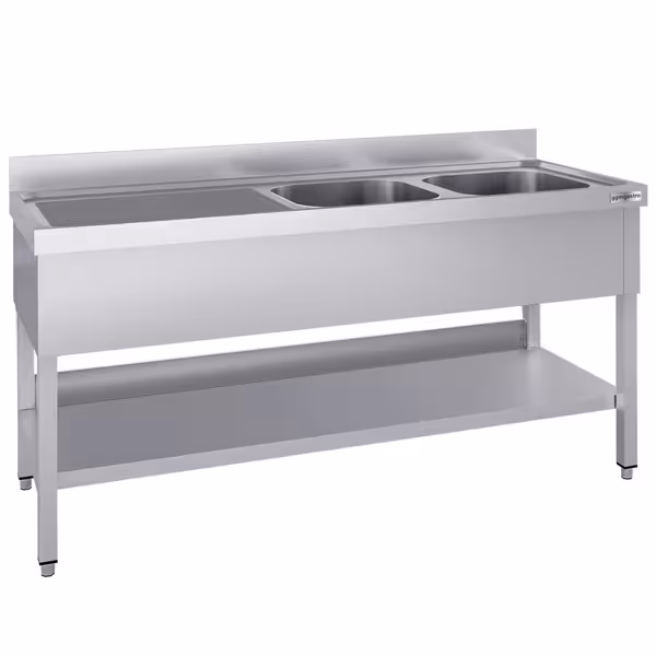 Diskbänk i rostfritt stål ECO - 1800x600 mm - med underhylla - 2 hoar höger - med stänkskydd - med avrinningsyta
