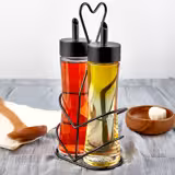 (12 pcs) Ménagère huile/vinaigre professionnelle - 2 pièces - Support en acier inoxydable - Verre; Acier inoxydable - avec couvercles amovibles - Hauteur:200mm