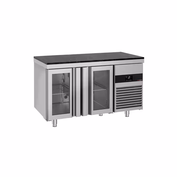 Stół chłodniczy PREMIUM – 1400 x 700 mm – z 2 szklanymi drzwiami – wraz z blatem z granitu