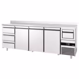 Arrière-bar réfrigéré professionnel PREMIUM - 2690 x 600 mm - avec 3 portes et 3 tiroirs - avec dosseret - avec tiroir à marc de café