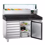 Banco pizza refrigerato PREMIUM - 1500x800mm - con 1 porta & 7 cassetti - piano in granito - con vetrina ingredienti refrigerata superiore LED - 7x GN 1/4