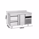 Mostrador refrigerado PREMIUM - 1400x700mm - de trabajo con alzatapa - 1 puerta y 2 cajones - GN 1/1 - refrigeración ventilada