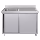 Fregadero industrial con mueble de acero inoxidable ECO - 1400x600mm - con 1 seno izquierdo - puertas correderas - con escurridor derecha - con estante inferior - con peto trasero