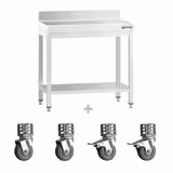 PREMIUM stainless steel workbench - 700x600mm - with base shelf, upstand & castors