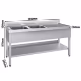 Yıkama Tezgahı ECO - 1800x700mm - Alt raflı & 2 sol evyeli