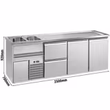 Commercial Refrigerated Beer Counter 2 Stainless Doors + 2 Drawers PREMIUM – 2 sinks left - 2500×700 mm - 3 drip trays