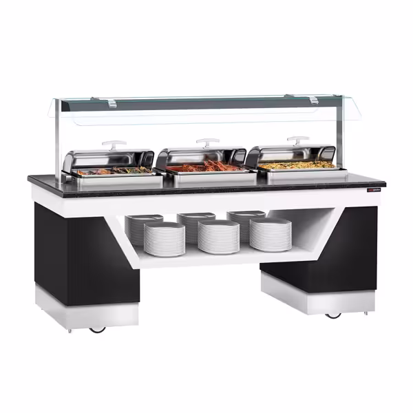 Buffet counter warm BELFAST - 2300mm - with 3 chafing dishes & castors