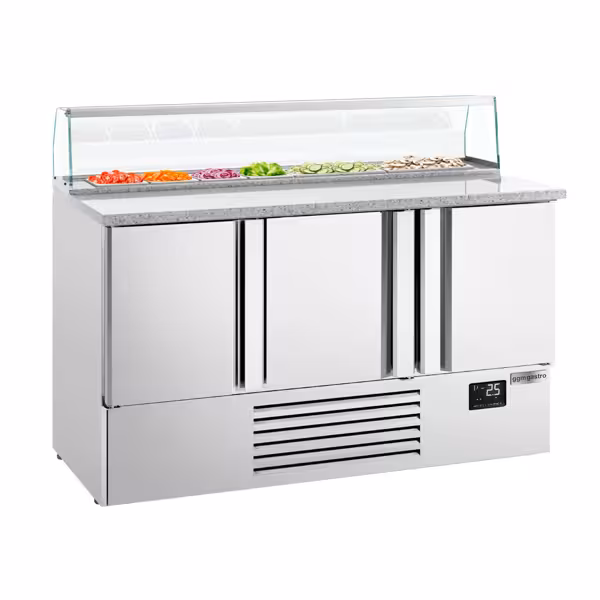 Saladette PREMIUM PLUS - 1460mm - 3 deuren - met glazen opzetvitrine voor 8x GN 1/6 - granieten werkblad