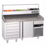 Pizzawerkbank PREMIUM - 1550x800mm - granieten werkblad - met 1 deuren & 5 laden - incl. koelopzetvitrine - 6x GN 1/3