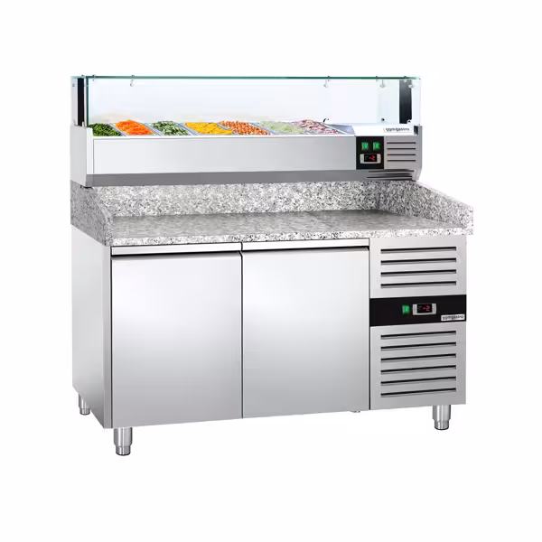 Pizzawerkbank PREMIUM - 1500x800mm - met granieten werkblad - met 2 deuren - incl. glasvitrine LED - 7x GN 1/4