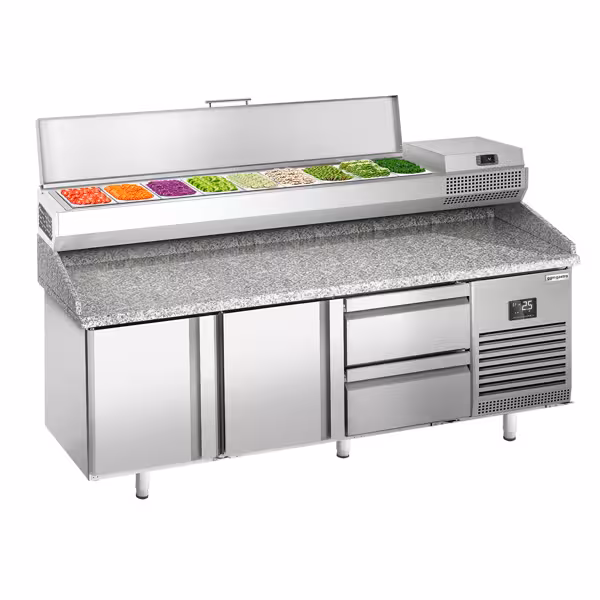 Pizzakylmäpöytä PREMIUM PLUS - 1980x700 mm - 2 ovea & 2 vetolaatikkoa - sis. kylmävitriini - 9 GN 1/4 -astiaa