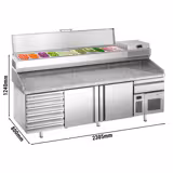 Table réfrigérée à pizza Premium PLUS - 2305x800 mm - avec 2 portes & 7 tiroirs - incl. vitrine réfrigérée pour ingrédients - 11 bacs GN 1/4