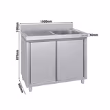 Fregadero industrial con mueble de acero inoxidable ECO - 1000x600mm - con 1 seno derecho - puertas correderas - con escurridor izquierda - con estante inferior - con peto trasero