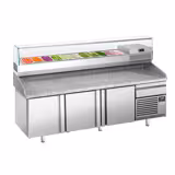 Banco pizza refrigerato PREMIUM PLUS - 2305x800mm - con 3 porte & 1 cassetto - piano in granito - con vetrina ingredienti refrigerata superiore - 11x GN 1/4