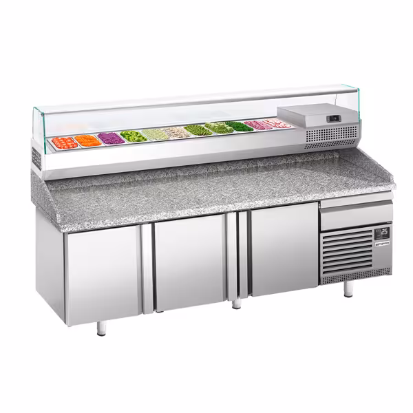 Pizzakühltisch Premium PLUS - 2305x800mm - mit 3 Türen & 1 Schublade - inkl. Kühlaufsatzvitrine - 11x GN 1/4