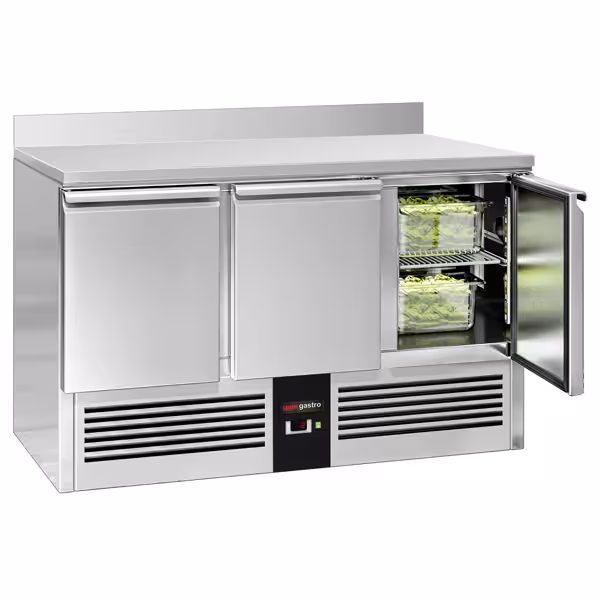 Saladette / Pizzakühltisch PREMIUM - 1,37 x 0,7 m - mit 3 Türen & Aufkantung