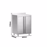 Tavolo armadiato in acciaio inox - 800x600mm - con 2 porte a battente - con alzatina