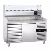 Table réfrigérée à pizza ECO - 1500 x 800 mm - avec 1 porte et 7 tiroirs - incl. vitrine réfrigérée - 7 x GN 1/4
