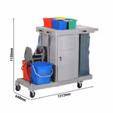 Carrello per pulizie PROFESSIONALE - armadiato - chiudibile a chiave - con strizzatore, 6 contenitori, sacco portabiancheria 65L, ripiani & ganci portascope - Grigio