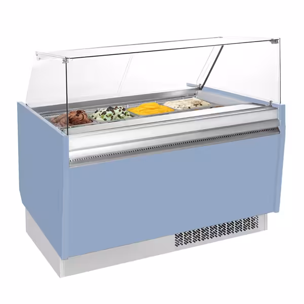 Vetrina Gelato LIAM - 1562mm - Refrigerazione statica - con Illuminazione LED & Sbrinamento automatico - per 13+13x Vasca da gelato da 5 Litri - Hellblau